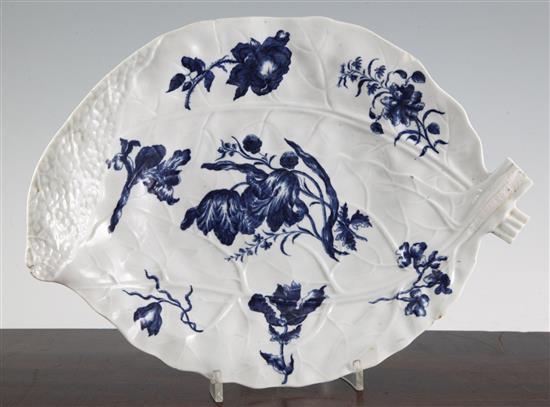 A rare Worcester Blown Tulip pattern leaf dish, c.1760-65, length 34.3cm, slight faults